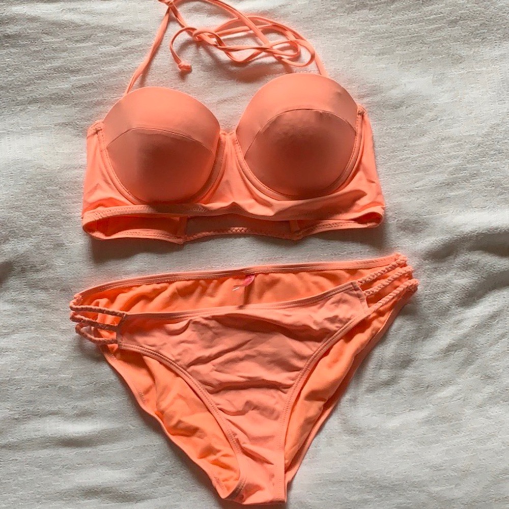 Neon Peach/Orange Bandeau Bikini Set 🍑